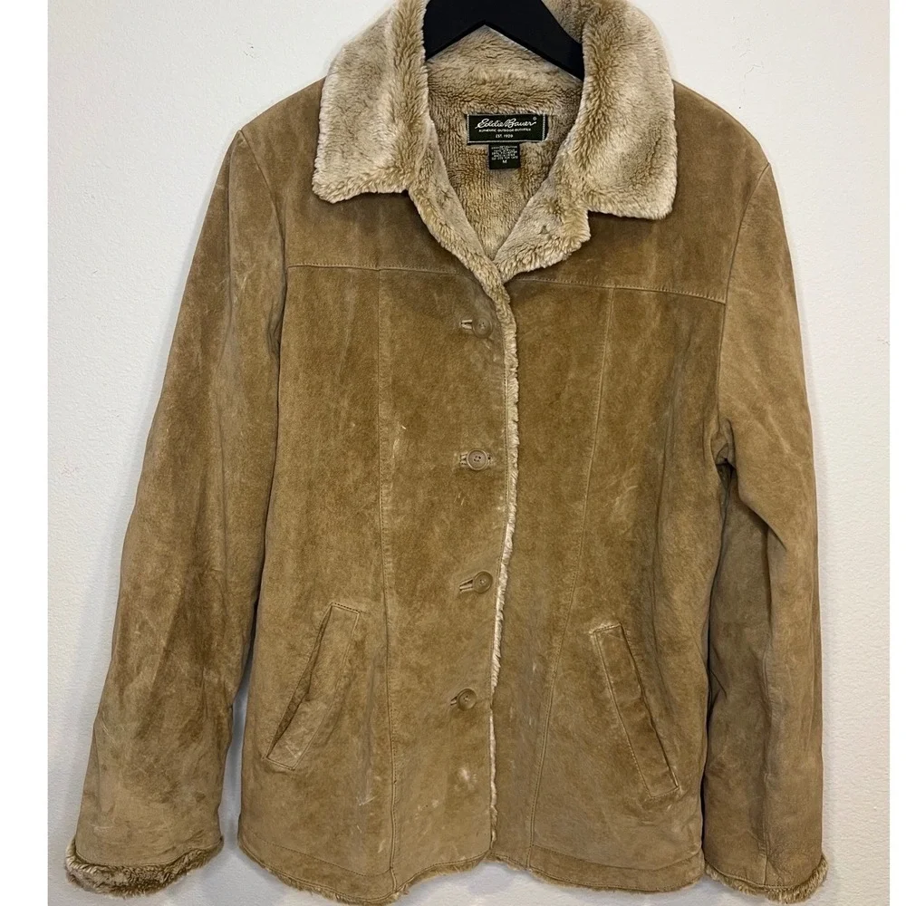 Eddie Bauer Mens Suede Jacket Faux Fur Lined Tan M